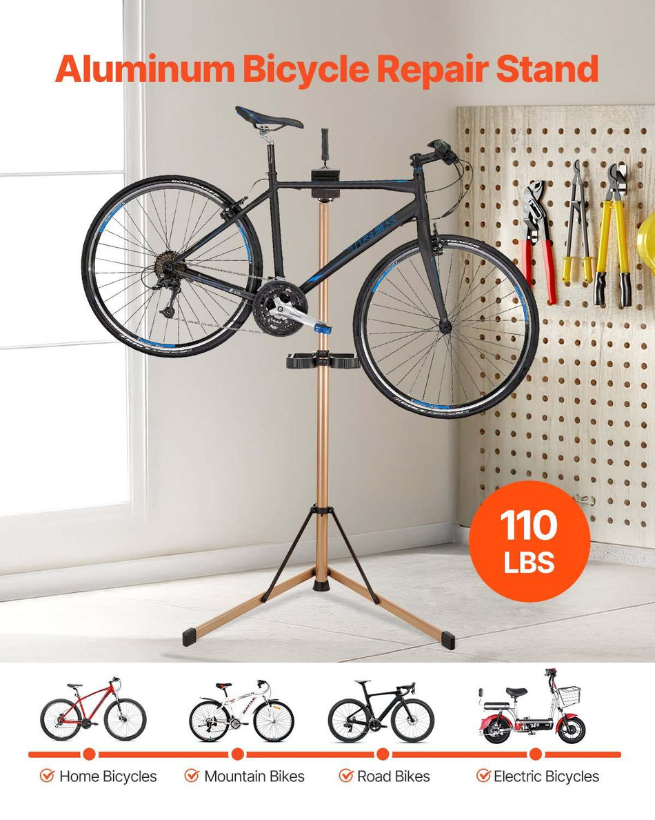 VEVOR Bike Repair Stand, Max. 49.9 kg Heavy-duty Bicycle Work Stand with 1025-1510 mm Adjustable Height & Large Tool Tray, Foldable Ebike Maintenance Rack, Shop Home Mechanics for Mountain Road Bike