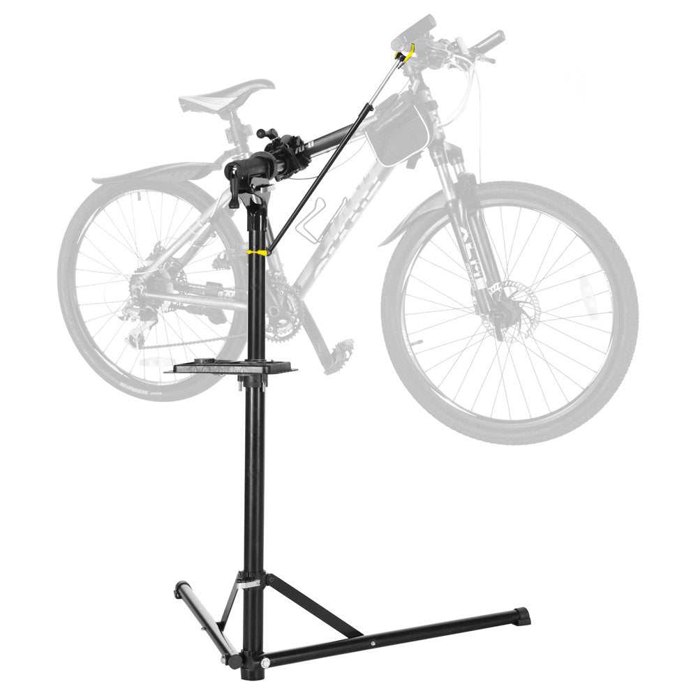 Foldable bike repair rack with anti-slip feet, 27kg capacity, and detachable tool tray