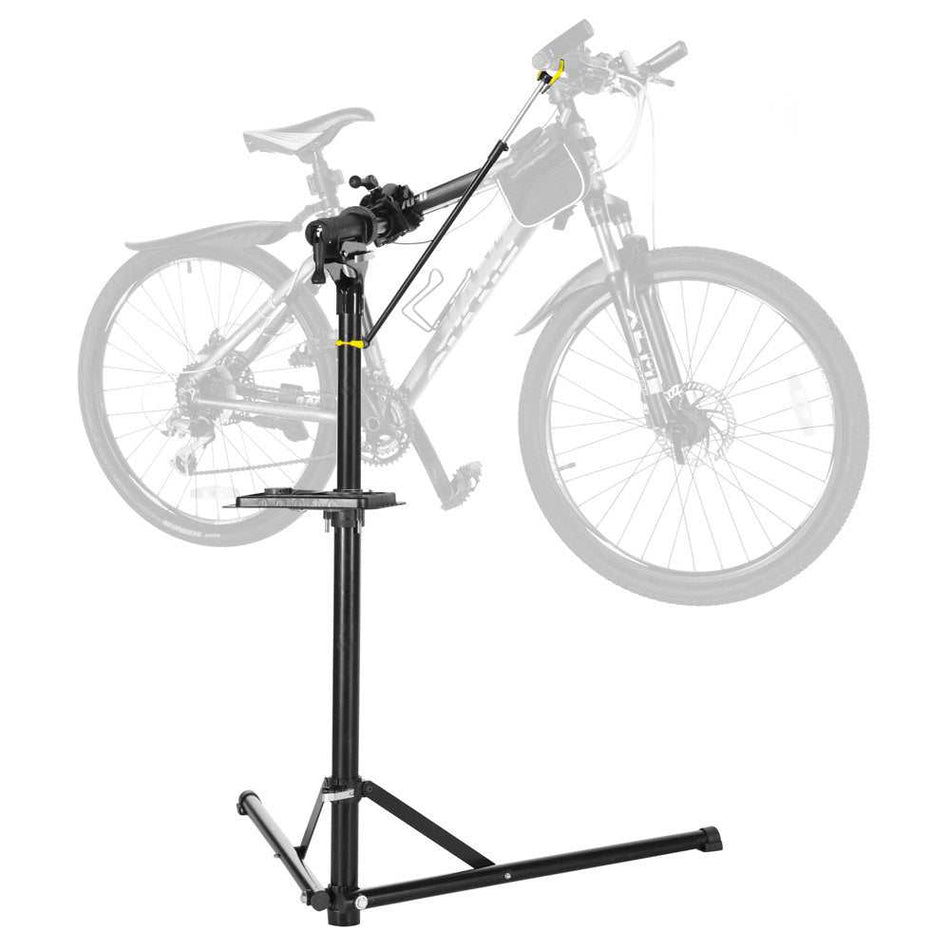 Foldable bike repair rack with anti-slip feet, 27kg capacity, and detachable tool tray
