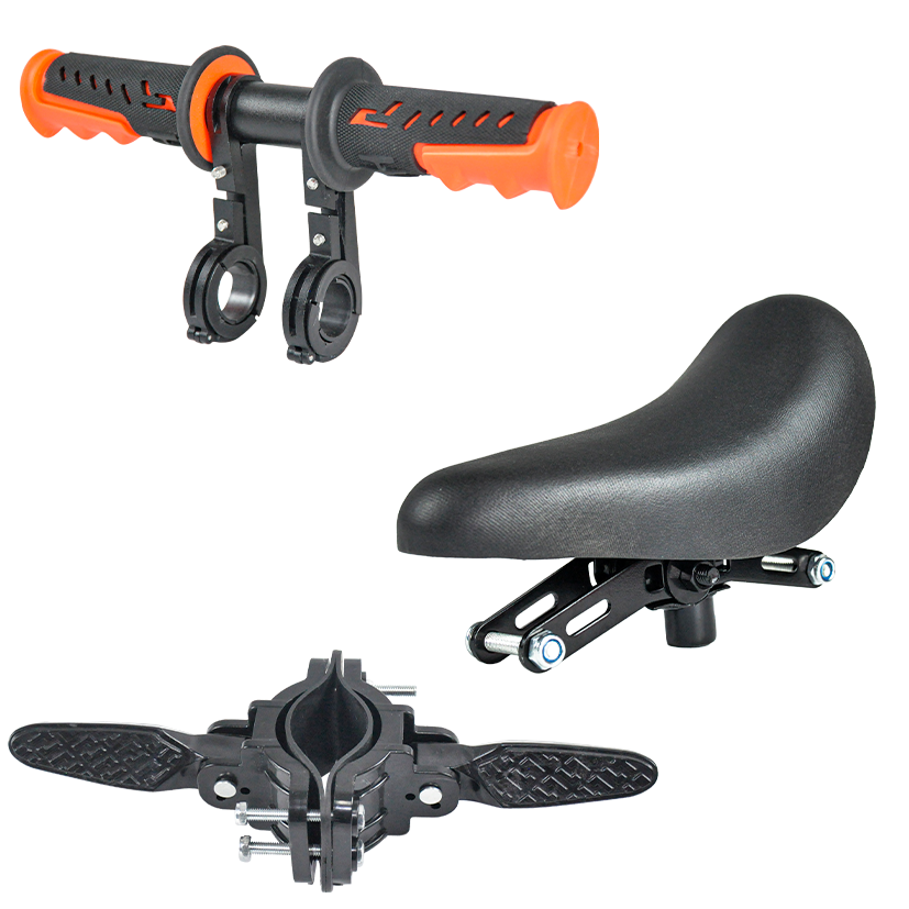 Kids bike mounted front seat with handlebar and footrest in sleek black design