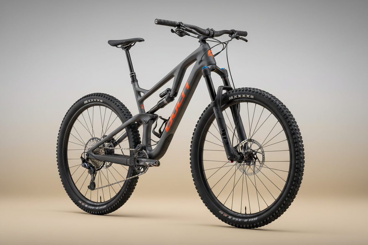 a mountain bike with a neutral gradient background