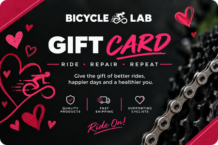 Valetine's gift card graphic in black, white and bright pink, with heart and bicycle drawings and a cycling chain detail.